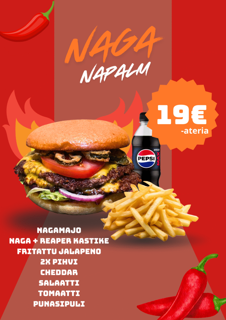 Taivalvaaran uusi tulinen burger, naga napalm.
